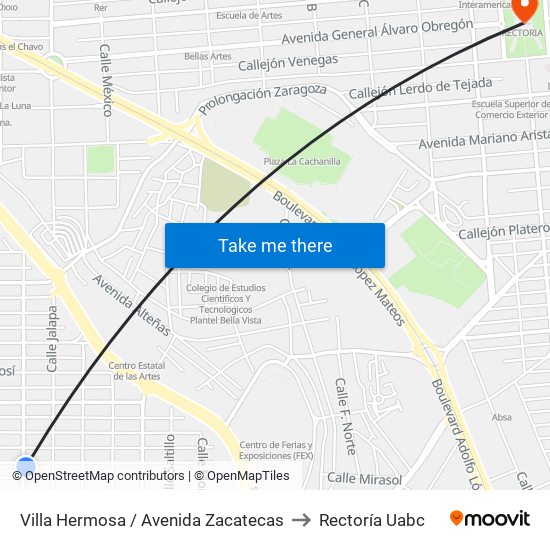 Villa Hermosa / Avenida Zacatecas to Rectoría Uabc map