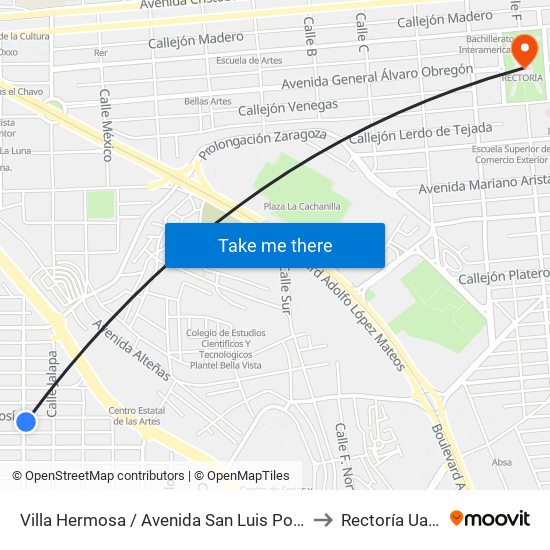 Villa Hermosa / Avenida San Luis Potosí to Rectoría Uabc map