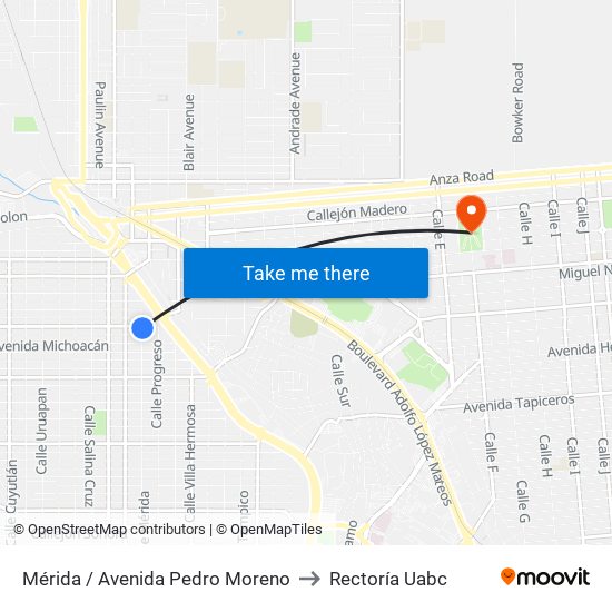 Mérida / Avenida Pedro Moreno to Rectoría Uabc map