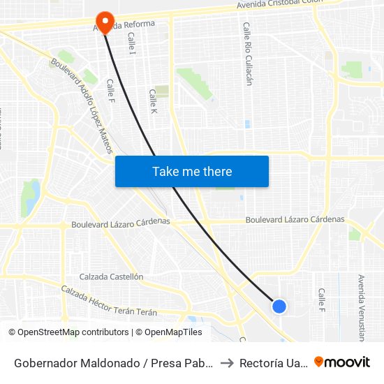 Gobernador Maldonado / Presa Pabellón to Rectoría Uabc map