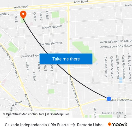 Calzada Independencia / Río Fuerte to Rectoría Uabc map