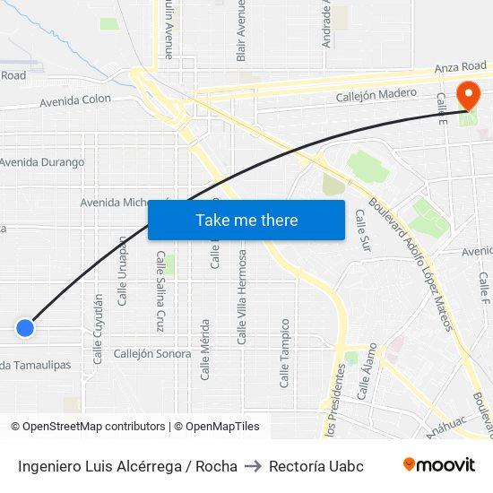 Ingeniero Luis Alcérrega / Rocha to Rectoría Uabc map
