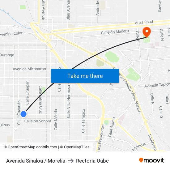 Avenida Sinaloa / Morelia to Rectoría Uabc map