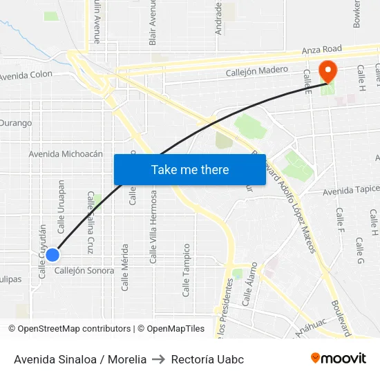 Avenida Sinaloa / Morelia to Rectoría Uabc map