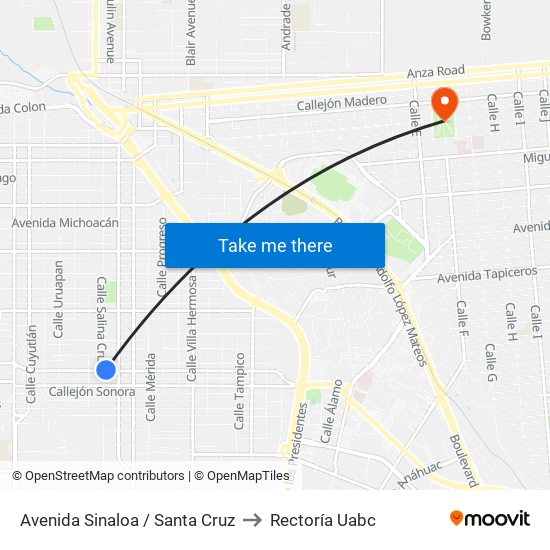 Avenida Sinaloa / Santa Cruz to Rectoría Uabc map