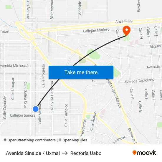 Avenida Sinaloa / Uxmal to Rectoría Uabc map