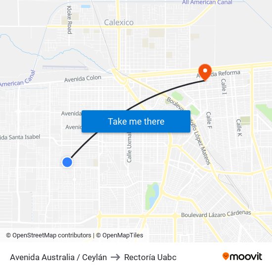 Avenida Australia / Ceylán to Rectoría Uabc map
