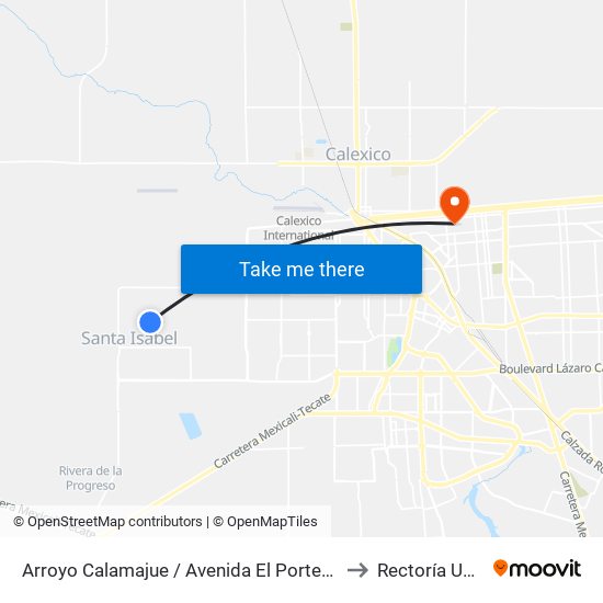 Arroyo Calamajue / Avenida El Portezuelo to Rectoría Uabc map