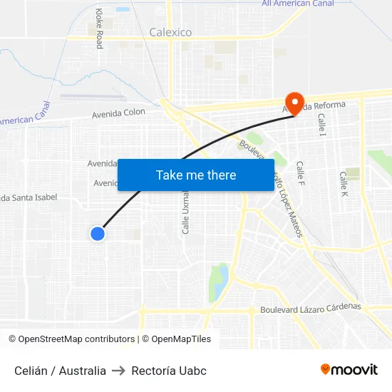 Celián / Australia to Rectoría Uabc map