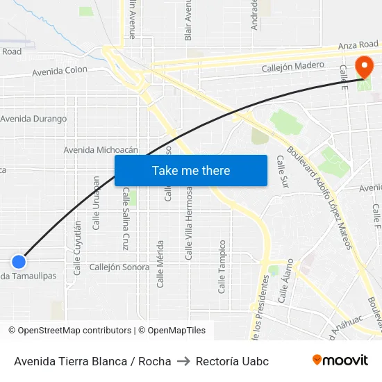 Avenida Tierra Blanca / Rocha to Rectoría Uabc map