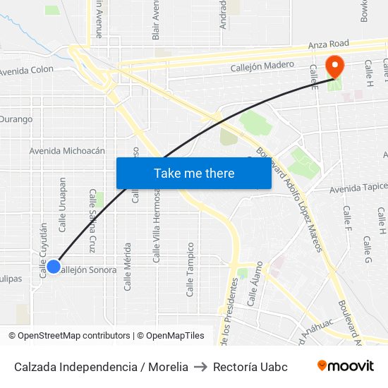 Calzada Independencia / Morelia to Rectoría Uabc map