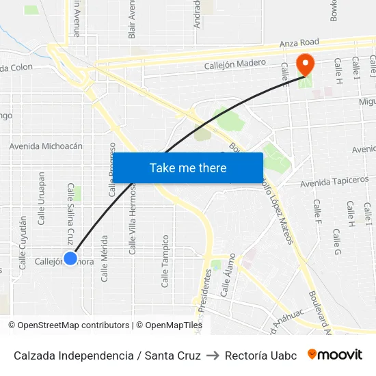 Calzada Independencia / Santa Cruz to Rectoría Uabc map