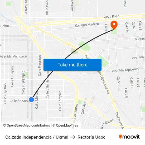 Calzada Independencia / Uxmal to Rectoría Uabc map