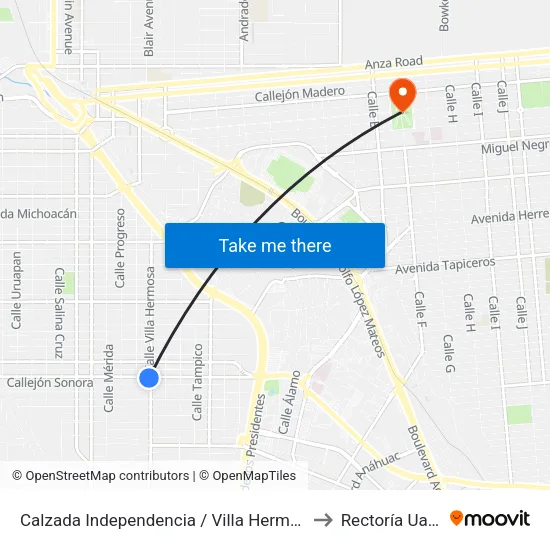 Calzada Independencia / Villa Hermosa to Rectoría Uabc map