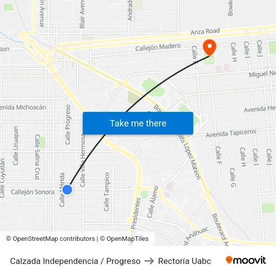 Calzada Independencia / Progreso to Rectoría Uabc map