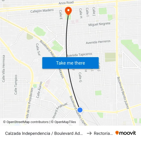 Calzada Independencia / Boulevard Adolfo López Mateos to Rectoría Uabc map