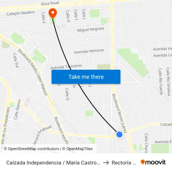 Calzada Independencia / María Castro Valenzuela to Rectoría Uabc map
