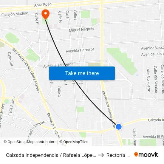 Calzada Independencia / Rafaela López De Rayón to Rectoría Uabc map