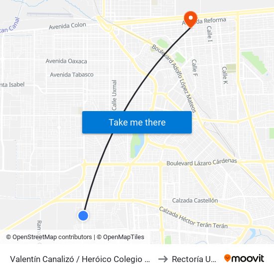 Valentín Canalizó / Heróico Colegio Militar to Rectoría Uabc map