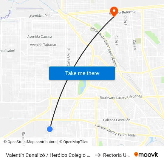 Valentín Canalizó / Heróico Colegio Militar to Rectoría Uabc map