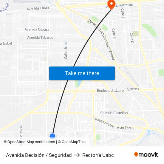 Avenida Decisión / Seguridad to Rectoría Uabc map