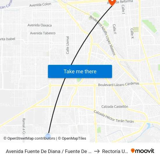 Avenida Fuente De Diana / Fuente De Medusa to Rectoría Uabc map