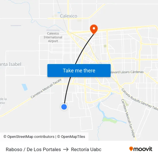 Raboso / De Los Portales to Rectoría Uabc map