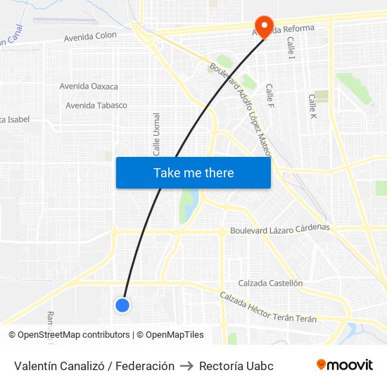 Valentín Canalizó / Federación to Rectoría Uabc map