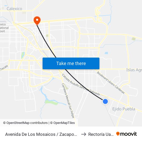 Avenida De Los Mosaicos / Zacapoaxtla to Rectoría Uabc map