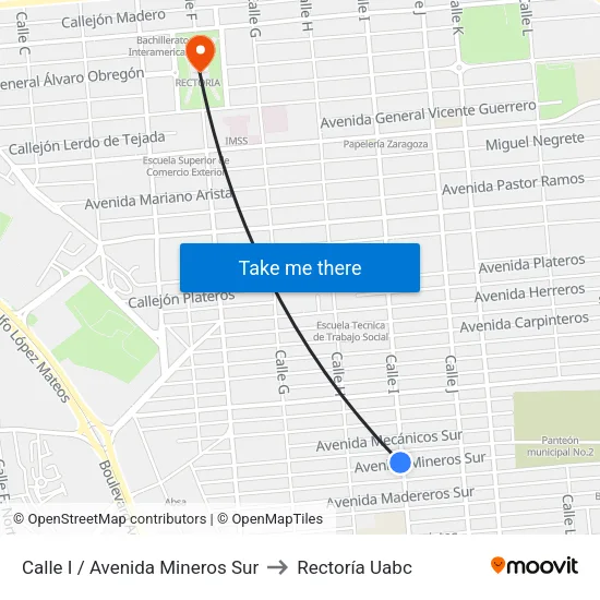 Calle I / Avenida Mineros Sur to Rectoría Uabc map