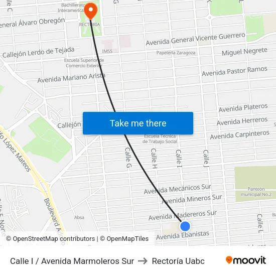 Calle I / Avenida Marmoleros Sur to Rectoría Uabc map