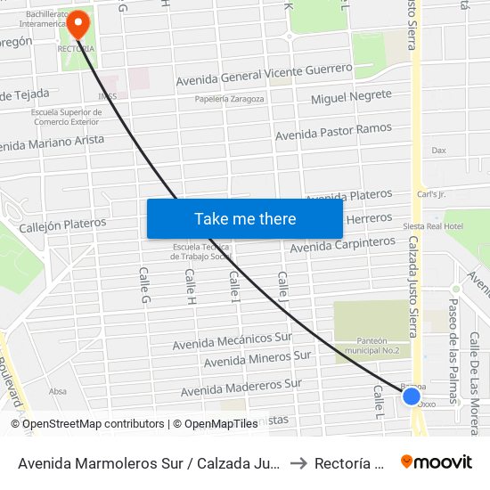 Avenida Marmoleros Sur / Calzada Justo Sierra to Rectoría Uabc map