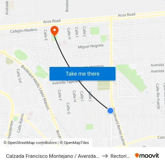 Calzada Francisco Montejano / Avenida José Sánchez Islas to Rectoría Uabc map