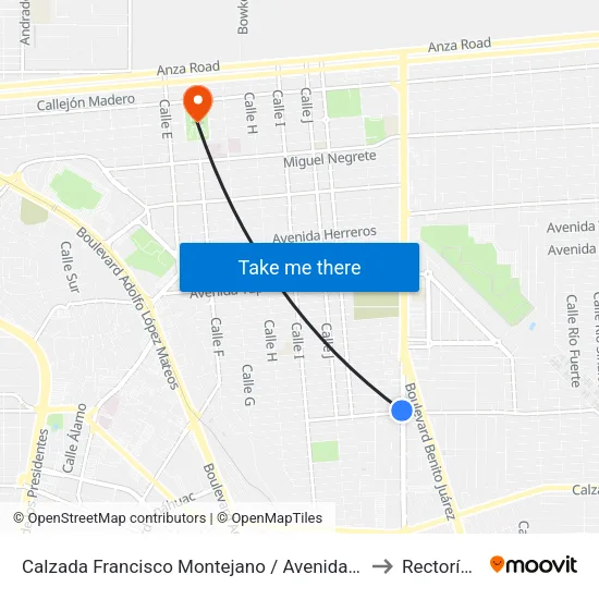 Calzada Francisco Montejano / Avenida Jorge López Colada to Rectoría Uabc map