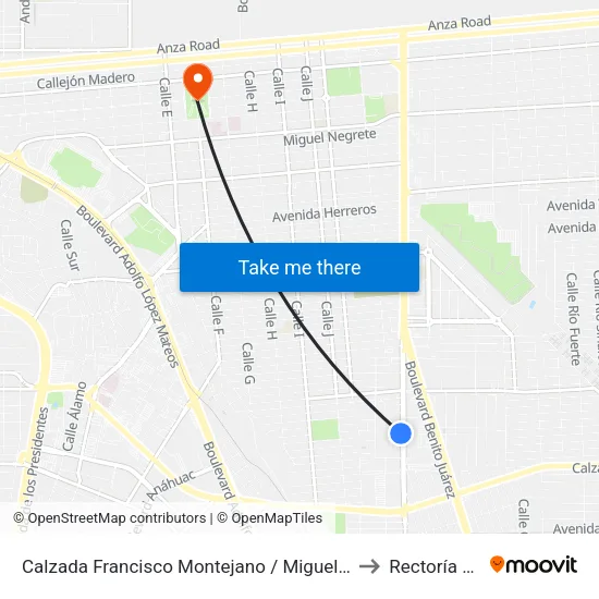 Calzada Francisco Montejano / Miguel Santa Cruz to Rectoría Uabc map