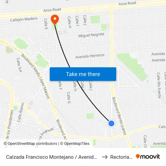 Calzada Francisco Montejano / Avenida Gabriel Mancera to Rectoría Uabc map