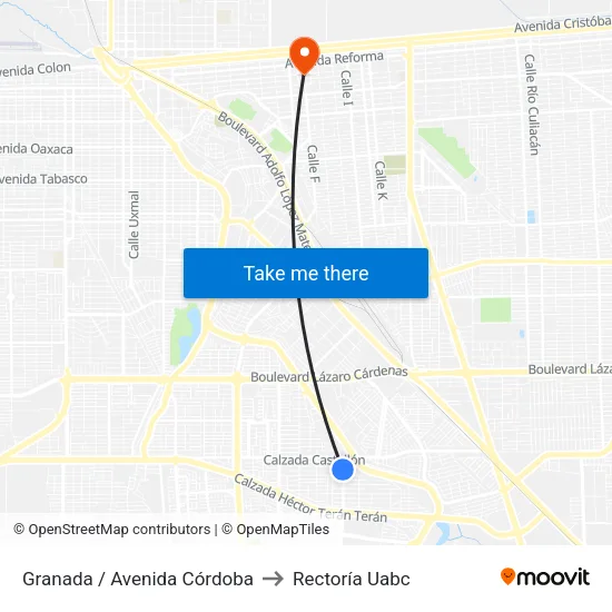 Granada / Avenida Córdoba to Rectoría Uabc map
