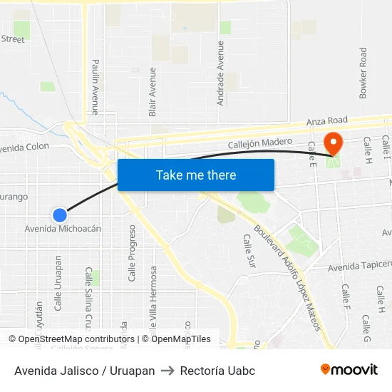 Avenida Jalisco / Uruapan to Rectoría Uabc map