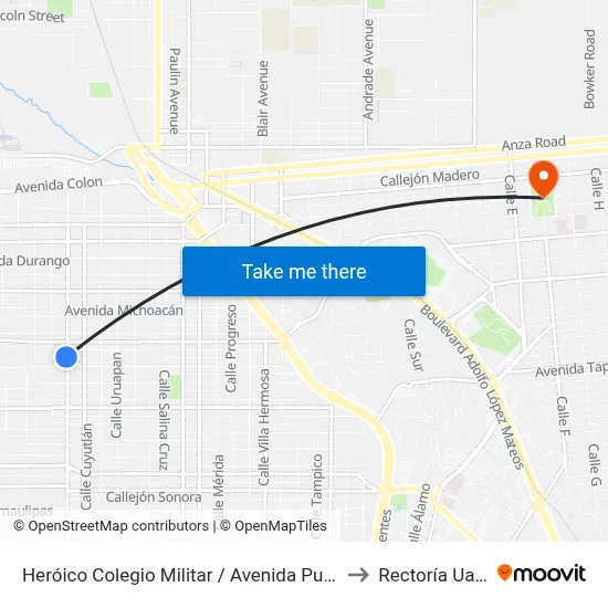Heróico Colegio Militar / Avenida Puebla to Rectoría Uabc map