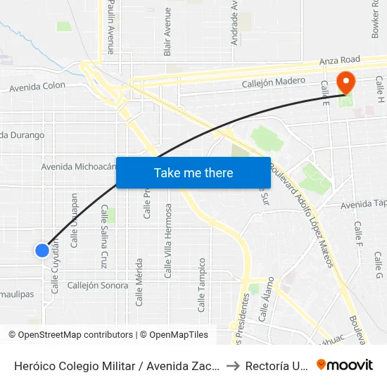 Heróico Colegio Militar / Avenida Zacatecas to Rectoría Uabc map
