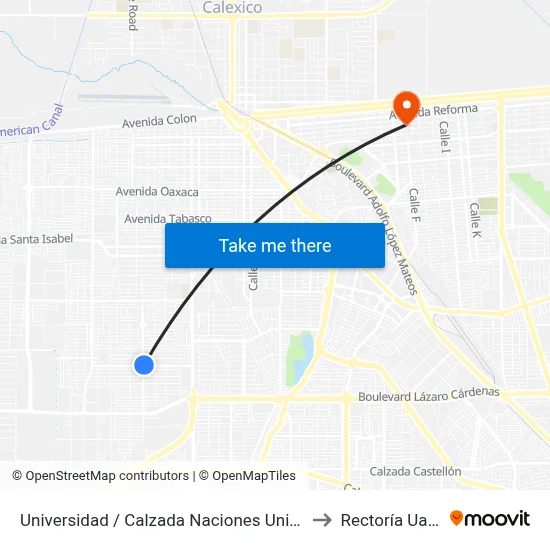 Universidad / Calzada Naciones Unidas to Rectoría Uabc map