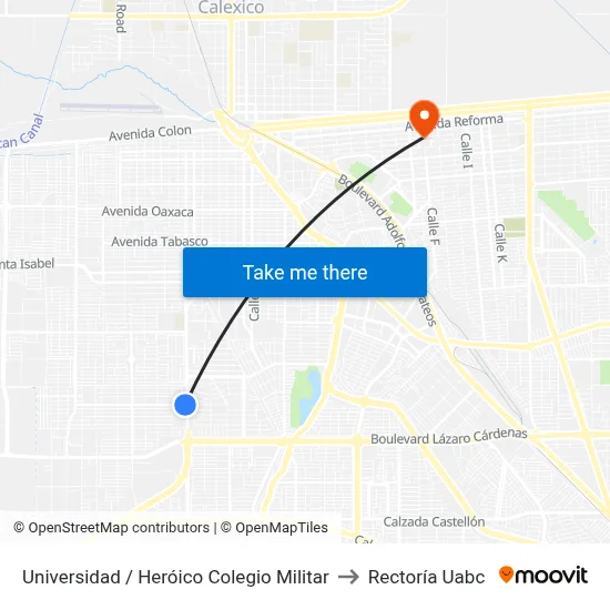 Universidad / Heróico Colegio Militar to Rectoría Uabc map