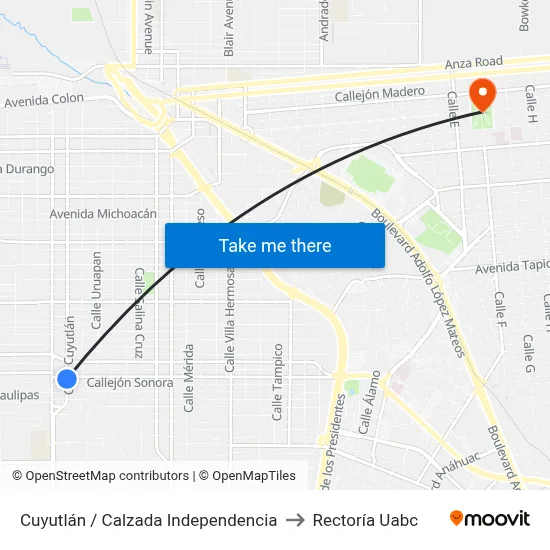 Cuyutlán / Calzada Independencia to Rectoría Uabc map