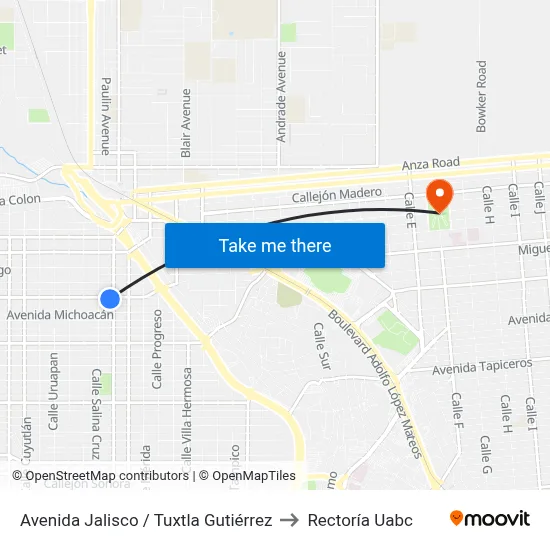 Avenida Jalisco / Tuxtla Gutiérrez to Rectoría Uabc map