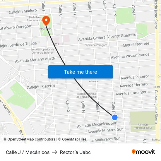 Calle J / Mecánicos to Rectoría Uabc map