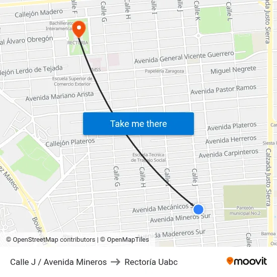 Calle J / Avenida Mineros to Rectoría Uabc map