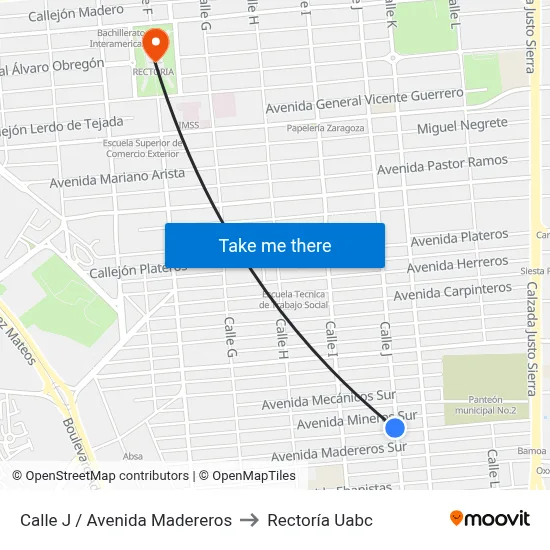 Calle J / Avenida Madereros to Rectoría Uabc map