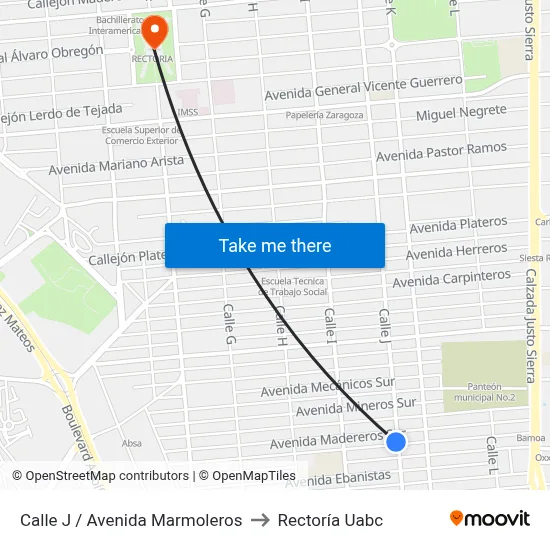 Calle J / Avenida Marmoleros to Rectoría Uabc map