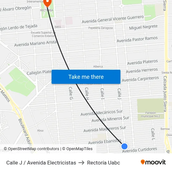Calle J / Avenida Electricistas to Rectoría Uabc map