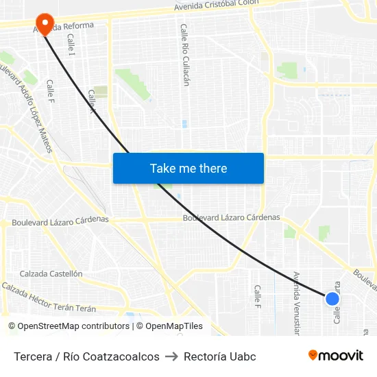 Tercera / Río Coatzacoalcos to Rectoría Uabc map